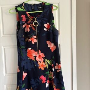 DKNY Navy and Orange Floral Midi Dress